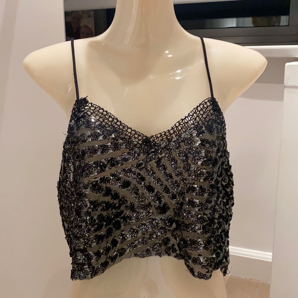 black  sequins  with silver  threads crop top
